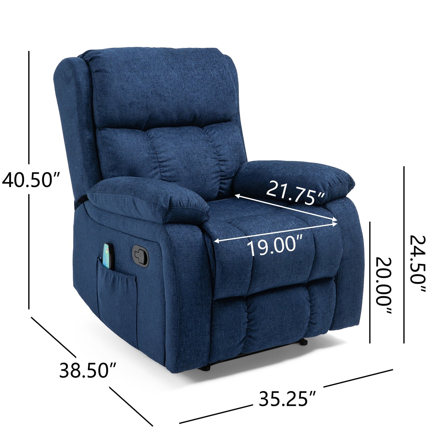 Fauteuil inclinable manuel de massage en tissu bleu marine avec massage, chauffage lombaire et poches latérales
