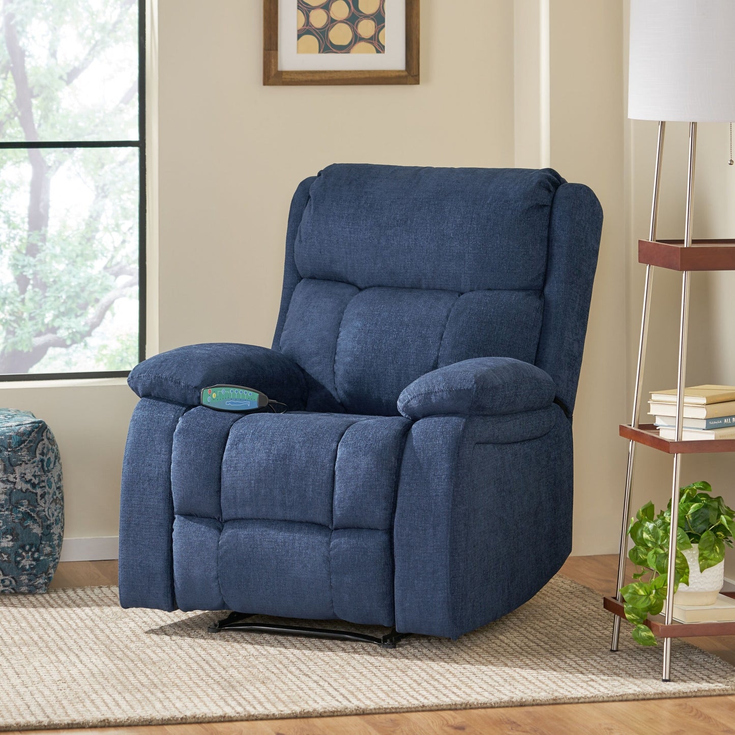 Fauteuil inclinable manuel de massage en tissu bleu marine avec massage, chauffage lombaire et poches latérales