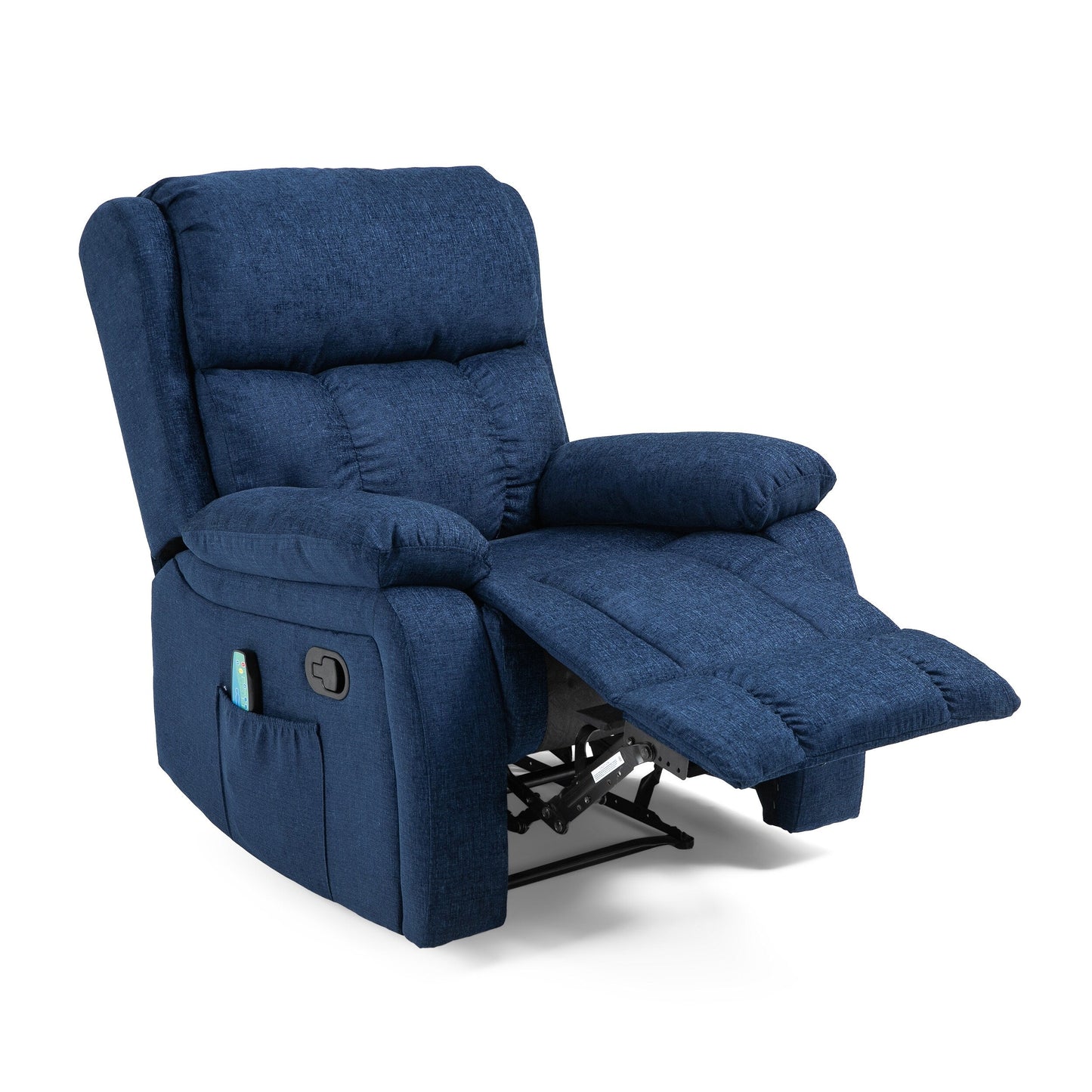 Fauteuil inclinable manuel de massage en tissu bleu marine avec massage, chauffage lombaire et poches latérales