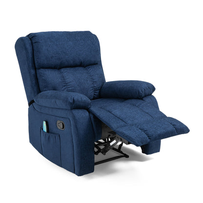 Fauteuil inclinable manuel de massage en tissu bleu marine avec massage, chauffage lombaire et poches latérales