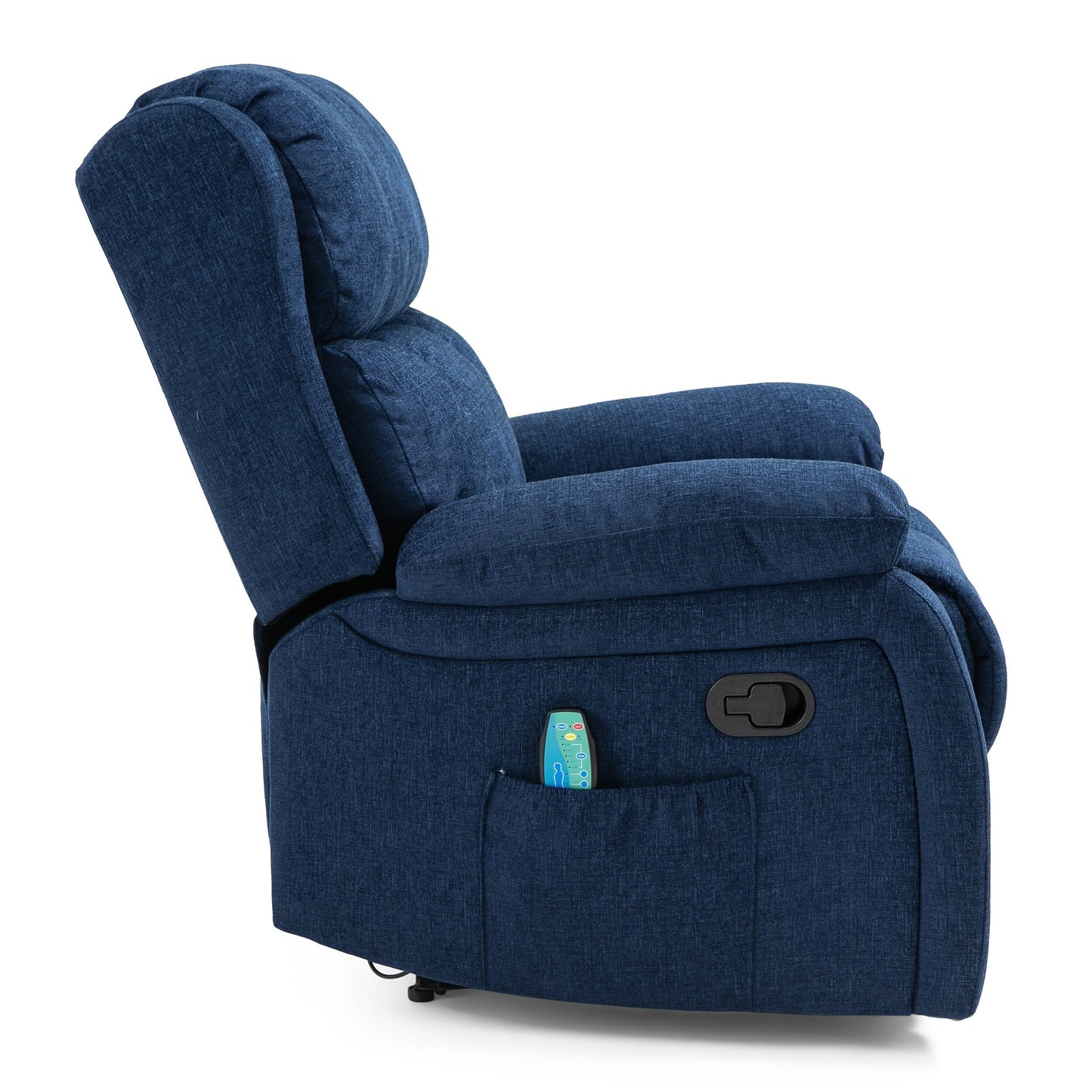 Fauteuil inclinable manuel de massage en tissu bleu marine avec massage, chauffage lombaire et poches latérales