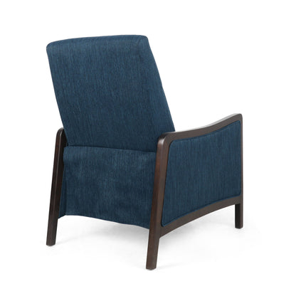 Fauteuil inclinable rembourré bleu marine de style milieu du siècle avec repose-pieds et cadre en bois de bouleau