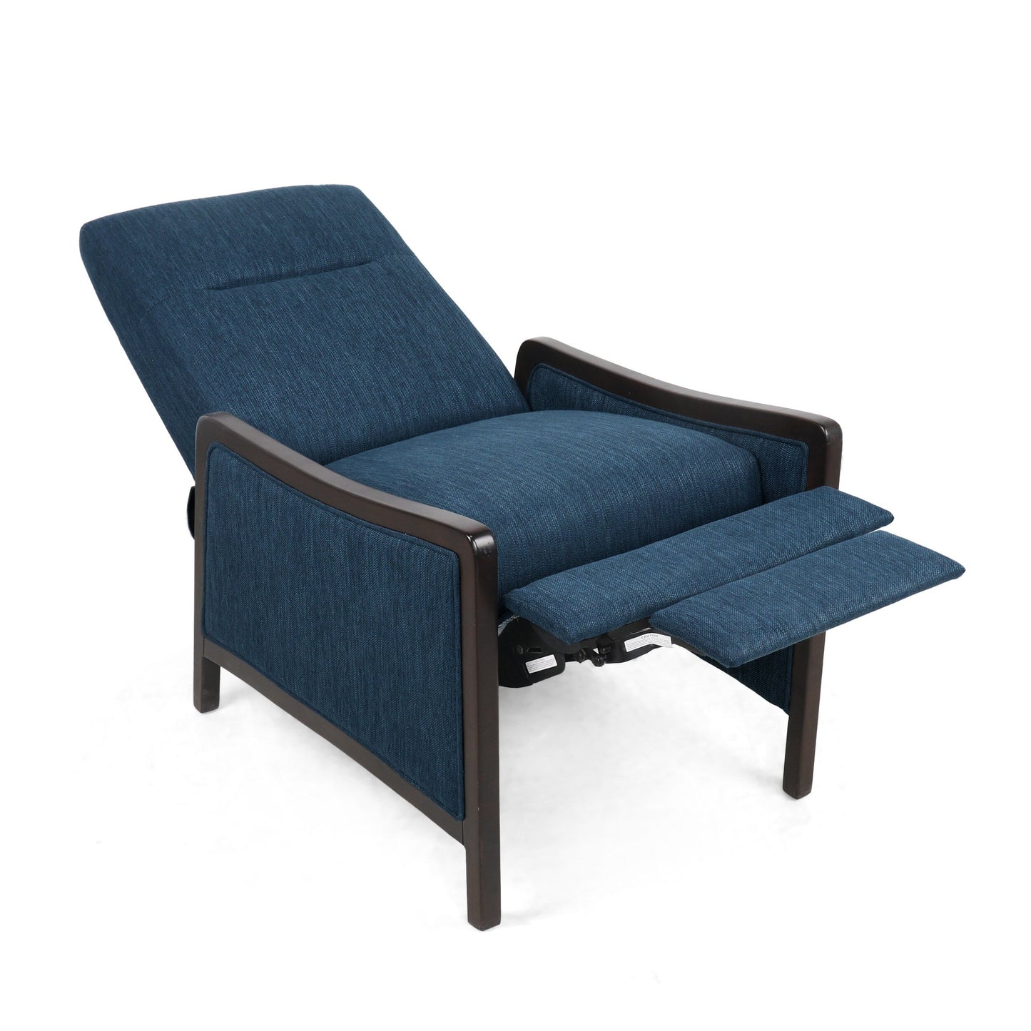 Fauteuil inclinable rembourré bleu marine de style milieu du siècle avec repose-pieds et cadre en bois de bouleau