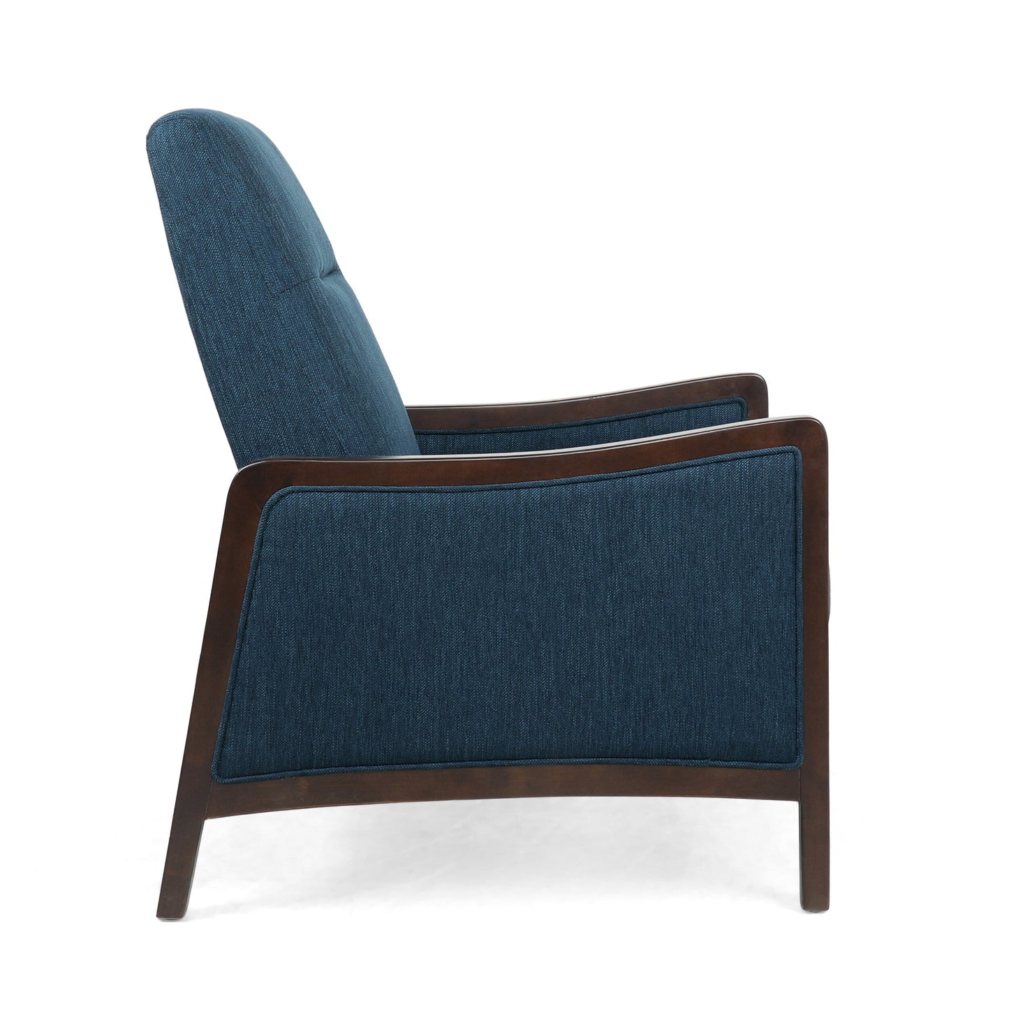 Fauteuil inclinable rembourré bleu marine de style milieu du siècle avec repose-pieds et cadre en bois de bouleau