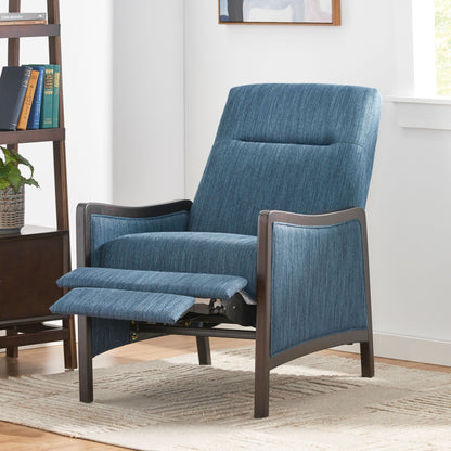 Fauteuil inclinable rembourré bleu marine de style milieu du siècle avec repose-pieds et cadre en bois de bouleau