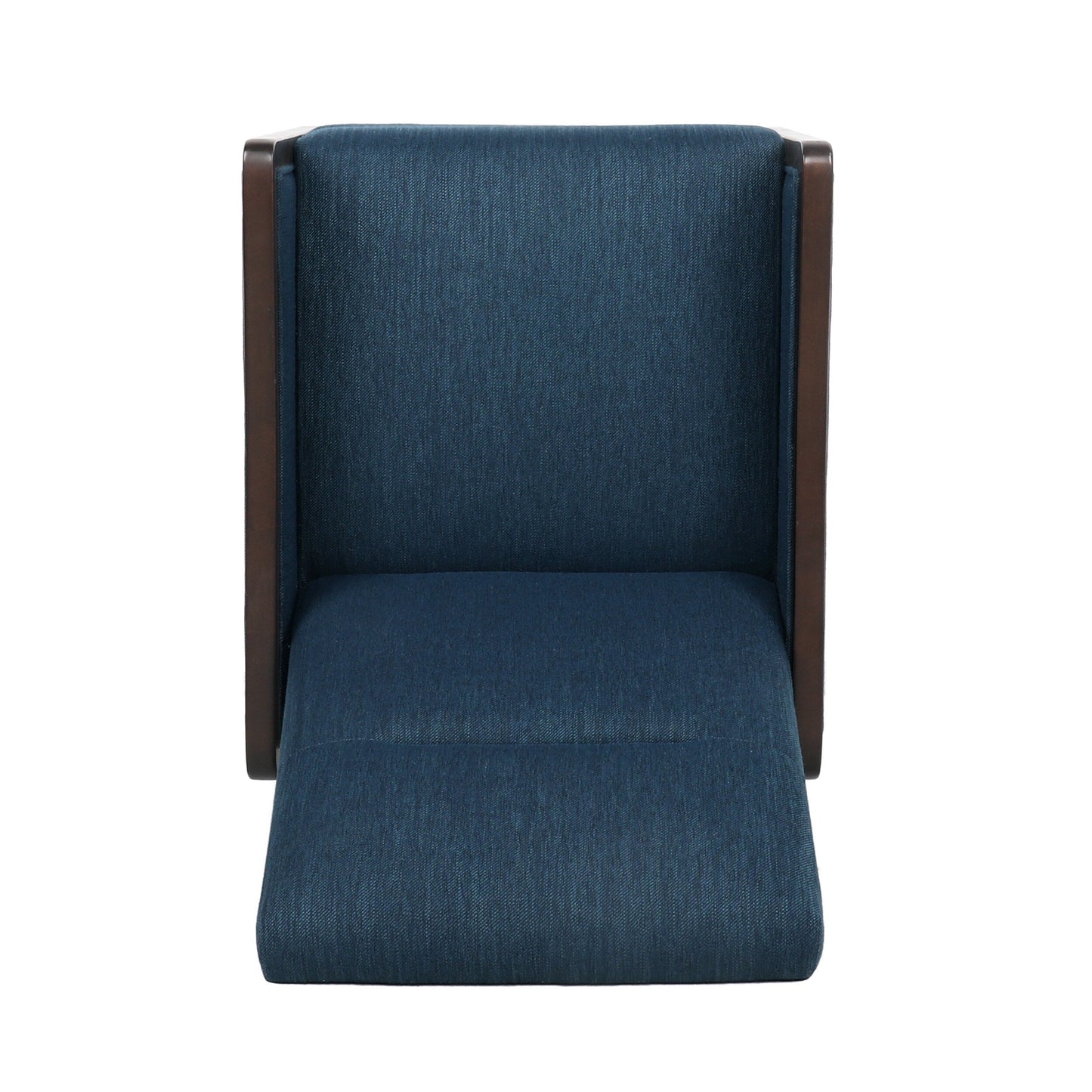 Fauteuil inclinable rembourré bleu marine de style milieu du siècle avec repose-pieds et cadre en bois de bouleau