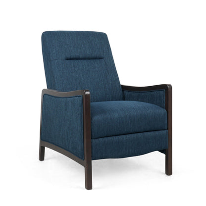 Fauteuil inclinable rembourré bleu marine de style milieu du siècle avec repose-pieds et cadre en bois de bouleau