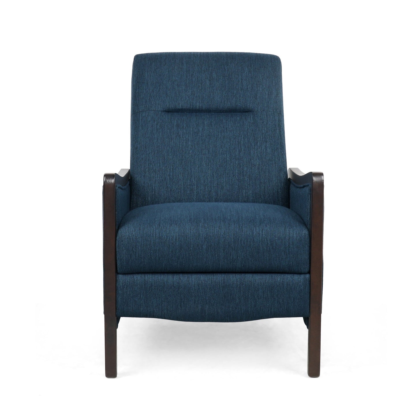 Fauteuil inclinable rembourré bleu marine de style milieu du siècle avec repose-pieds et cadre en bois de bouleau