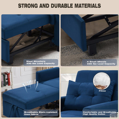 Canapé-lit convertible 3 en 1 moderne bleu marine de 27,5 po avec dossier réglable et oreiller pour le salon