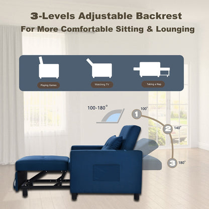 Canapé-lit convertible 3 en 1 moderne bleu marine de 27,5 po avec dossier réglable et oreiller pour le salon