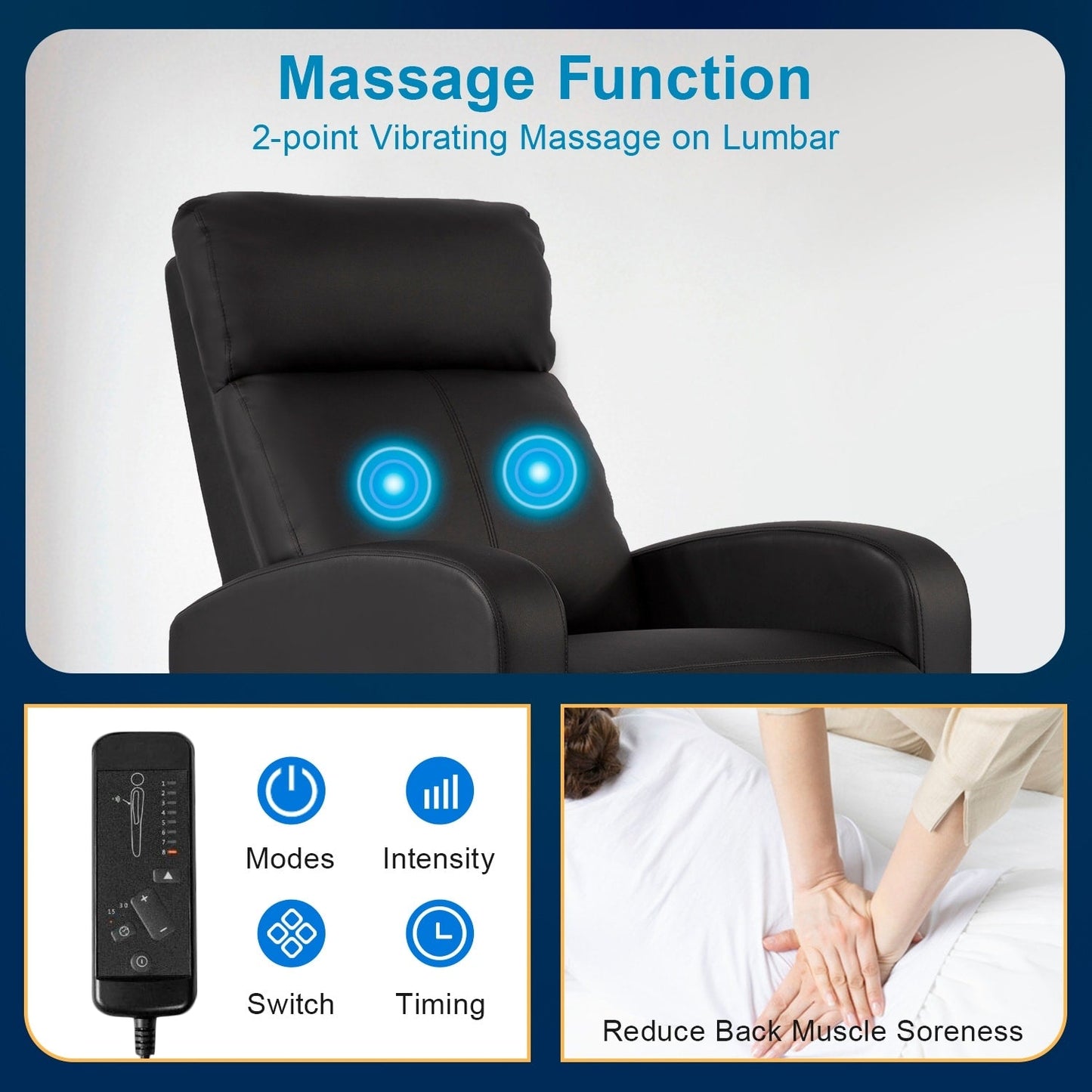 Fauteuil inclinable massant Nell en similicuir noir à 2 points par Furniture of America