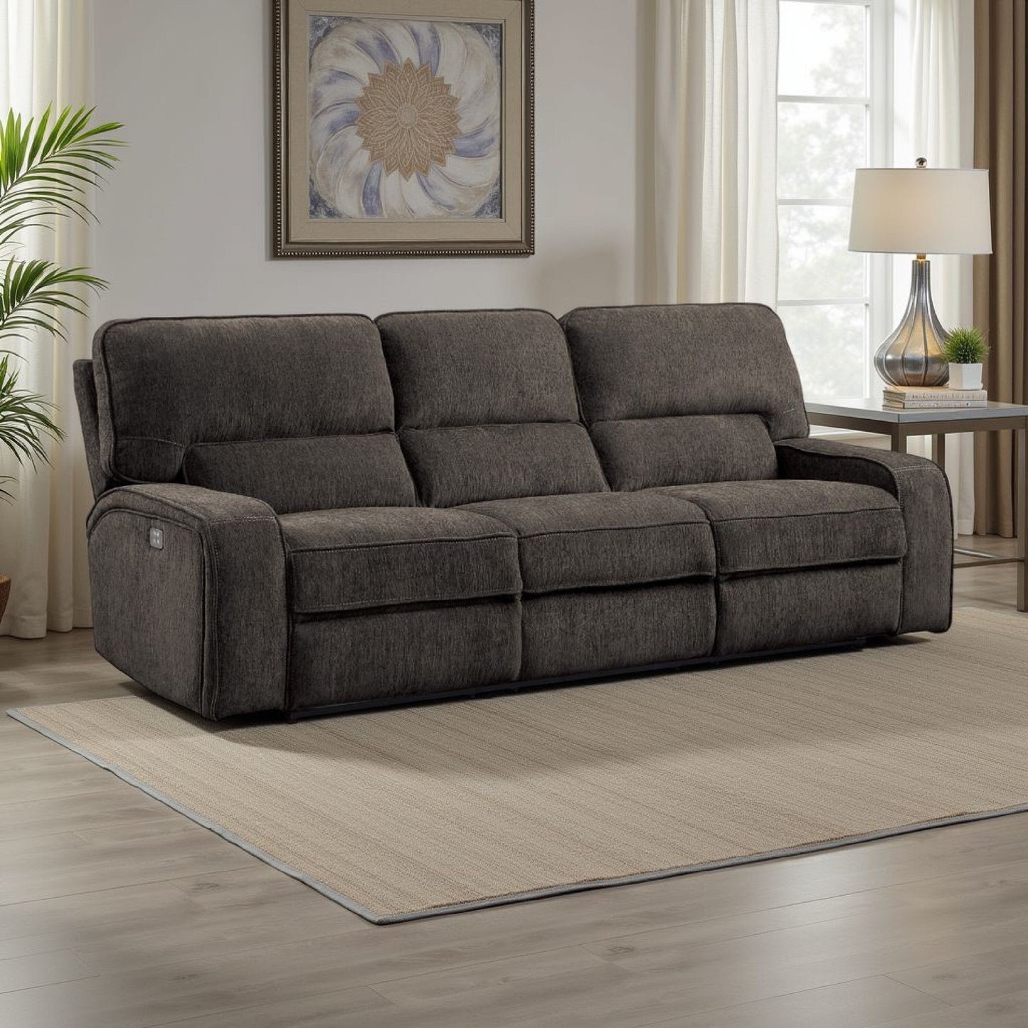 Canapé inclinable électrique Neo avec port USB, chenille gris clair, 99 pouces