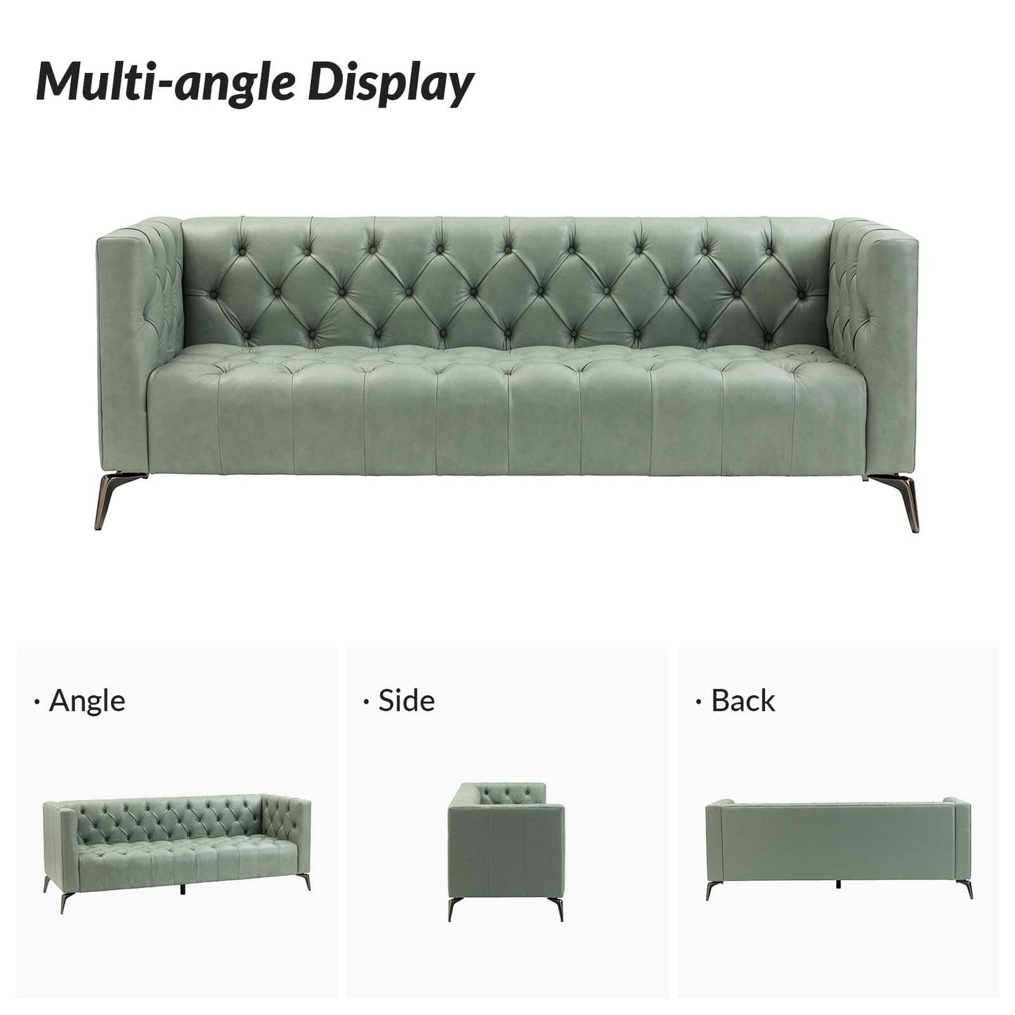 Canapé transitionnel Nestor en cuir véritable avec pieds en métal et dossier capitonné