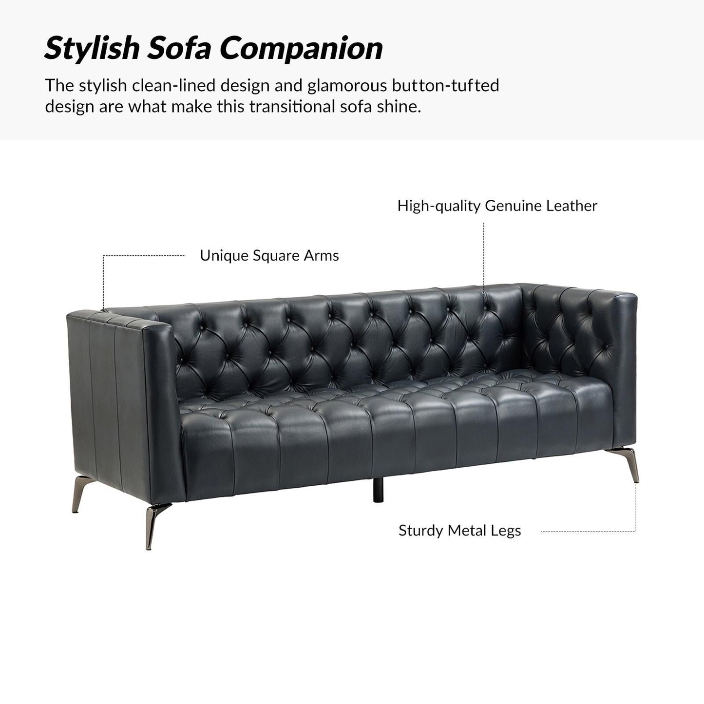 Canapé transitionnel Nestor en cuir véritable avec pieds en métal et dossier capitonné