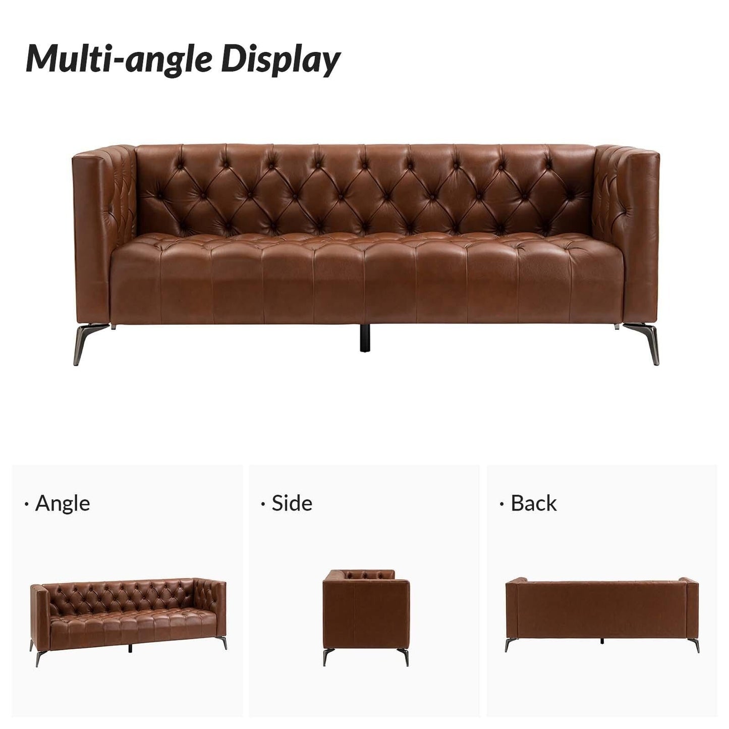 Canapé transitionnel Nestor en cuir véritable avec pieds en métal et dossier capitonné