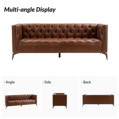 Canapé transitionnel Nestor en cuir véritable avec pieds en métal et dossier capitonné