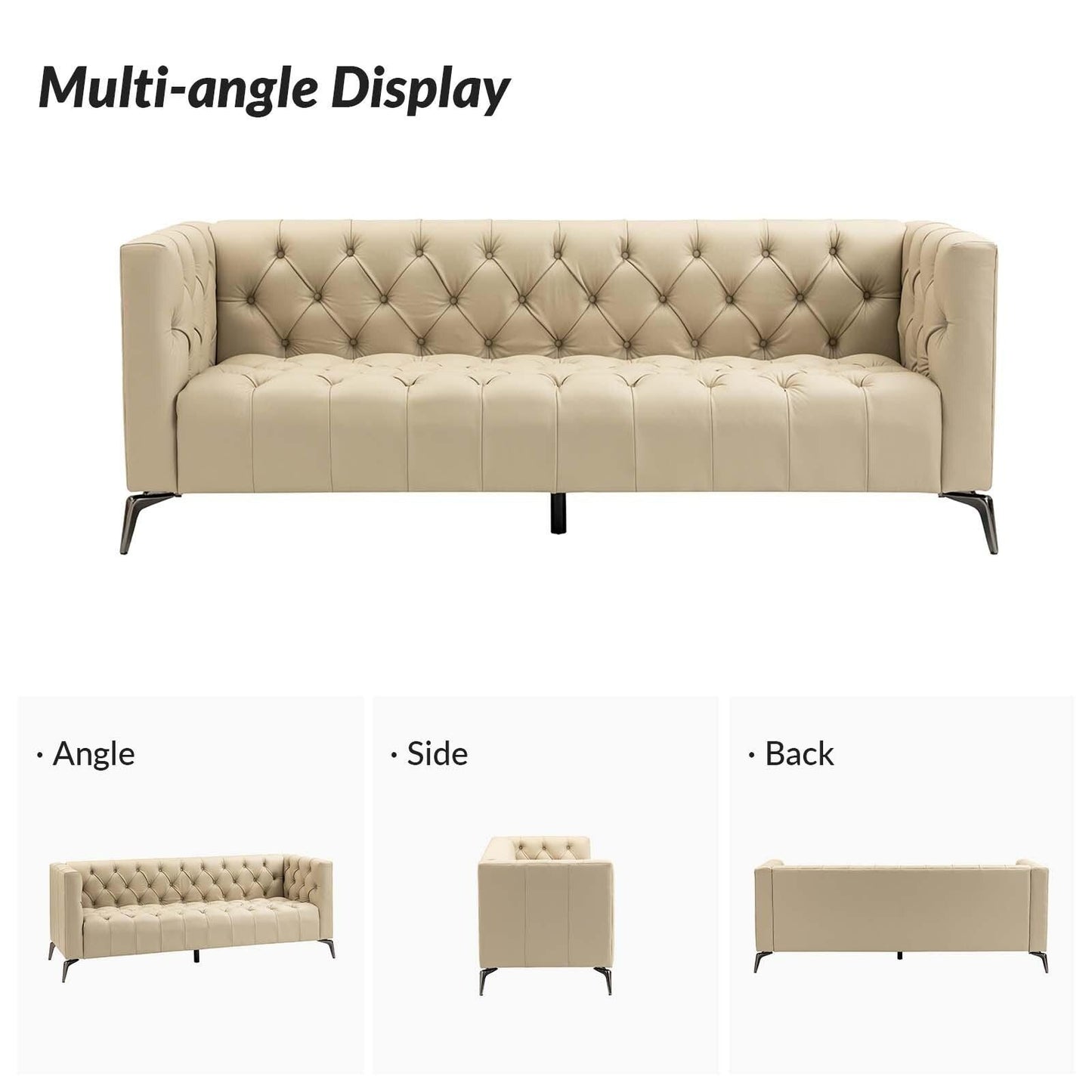 Canapé transitionnel Nestor en cuir véritable avec pieds en métal et dossier capitonné