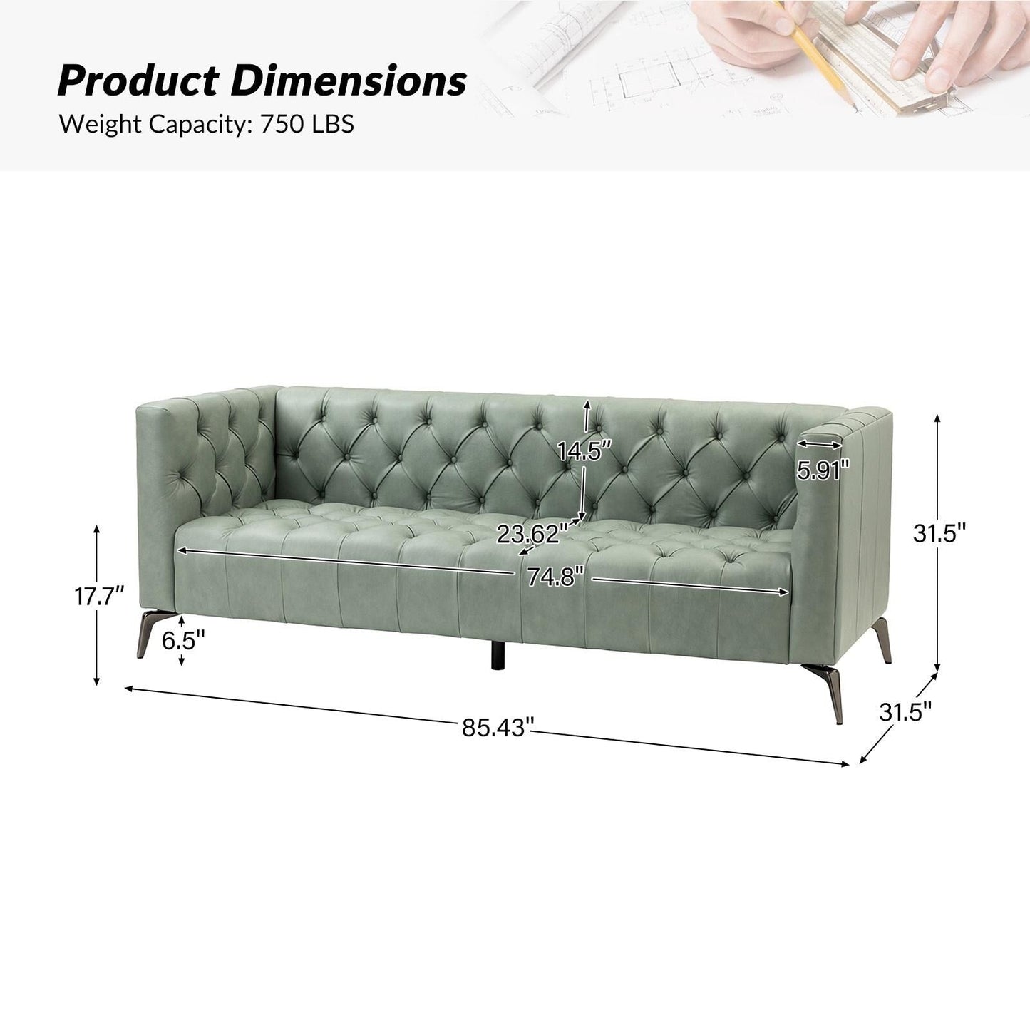 Canapé transitionnel Nestor en cuir véritable avec pieds en métal et dossier capitonné