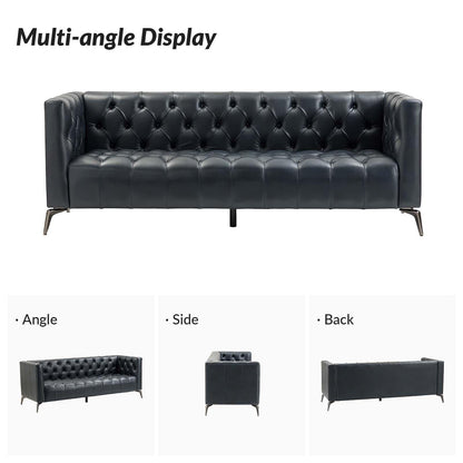 Canapé transitionnel Nestor en cuir véritable avec pieds en métal et dossier capitonné