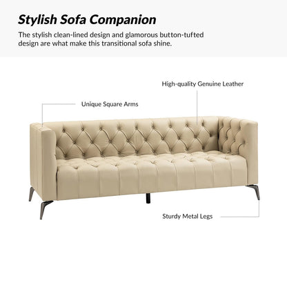 Canapé transitionnel Nestor en cuir véritable avec pieds en métal et dossier capitonné