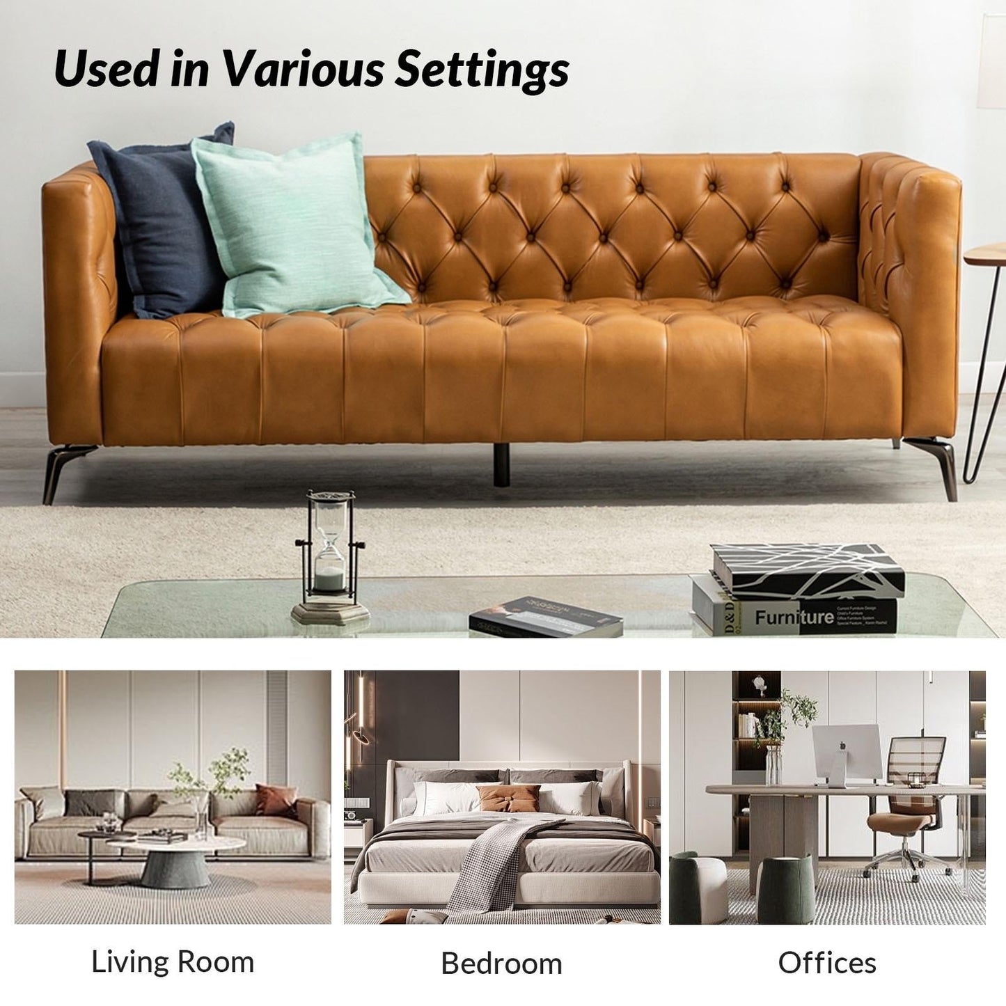 Canapé transitionnel Nestor en cuir véritable avec pieds en métal et dossier capitonné