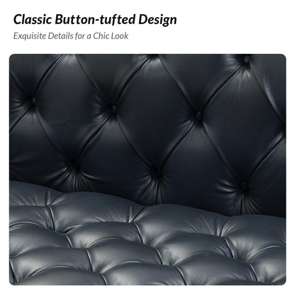 Canapé transitionnel Nestor en cuir véritable avec pieds en métal et dossier capitonné