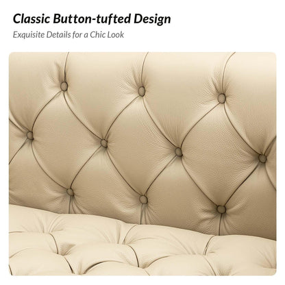 Canapé transitionnel Nestor en cuir véritable avec pieds en métal et dossier capitonné