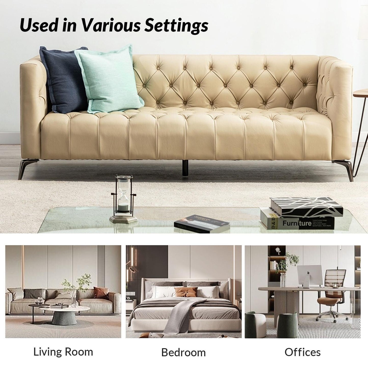 Canapé transitionnel Nestor en cuir véritable avec pieds en métal et dossier capitonné