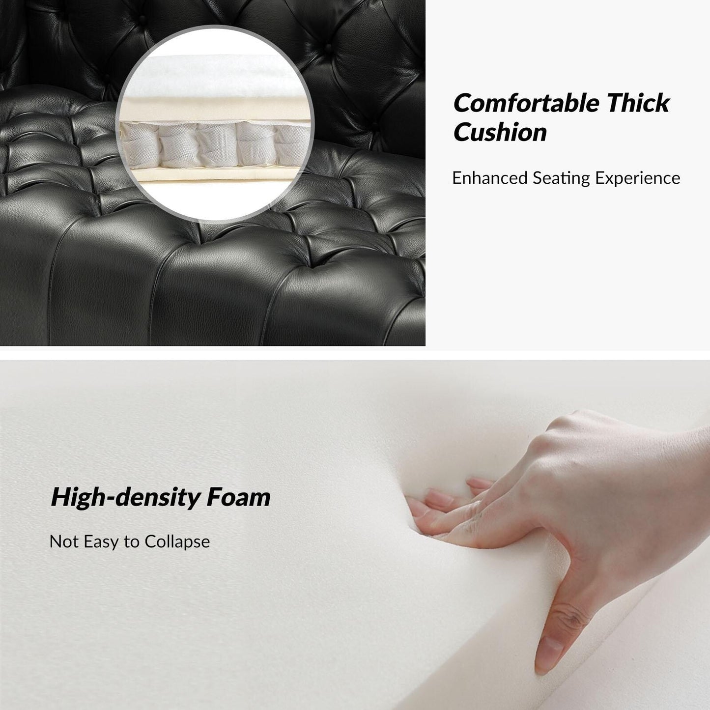 Canapé transitionnel Nestor en cuir véritable avec pieds en métal et dossier capitonné