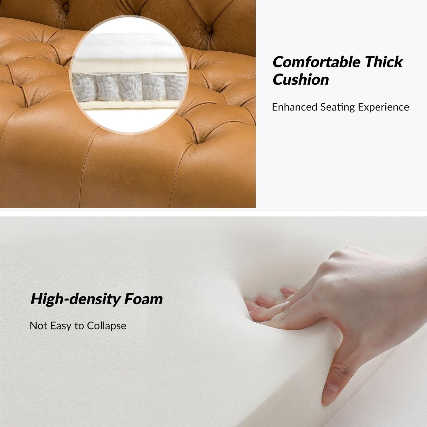 Canapé transitionnel Nestor en cuir véritable avec pieds en métal et dossier capitonné