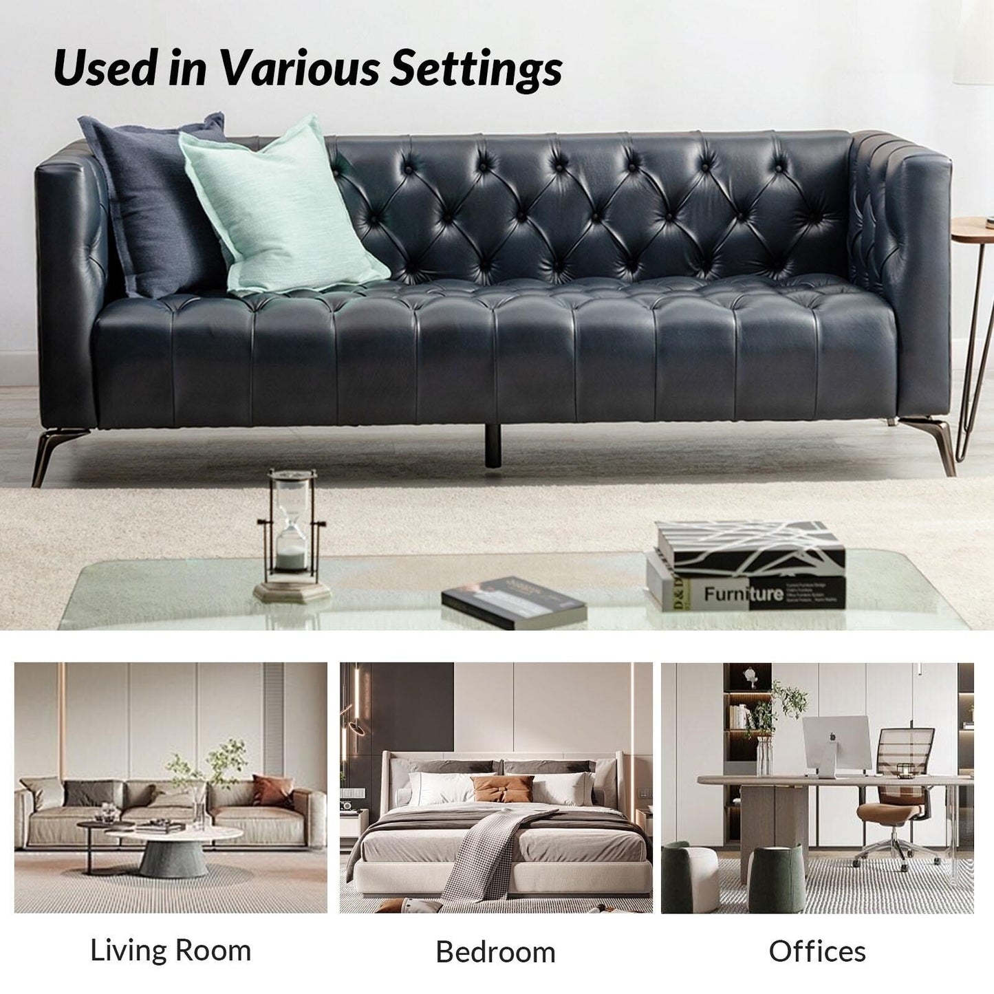 Canapé transitionnel Nestor en cuir véritable avec pieds en métal et dossier capitonné