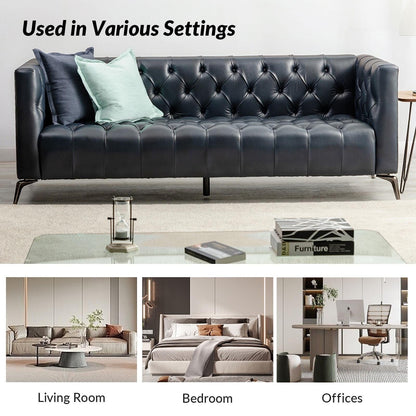 Canapé transitionnel Nestor en cuir véritable avec pieds en métal et dossier capitonné