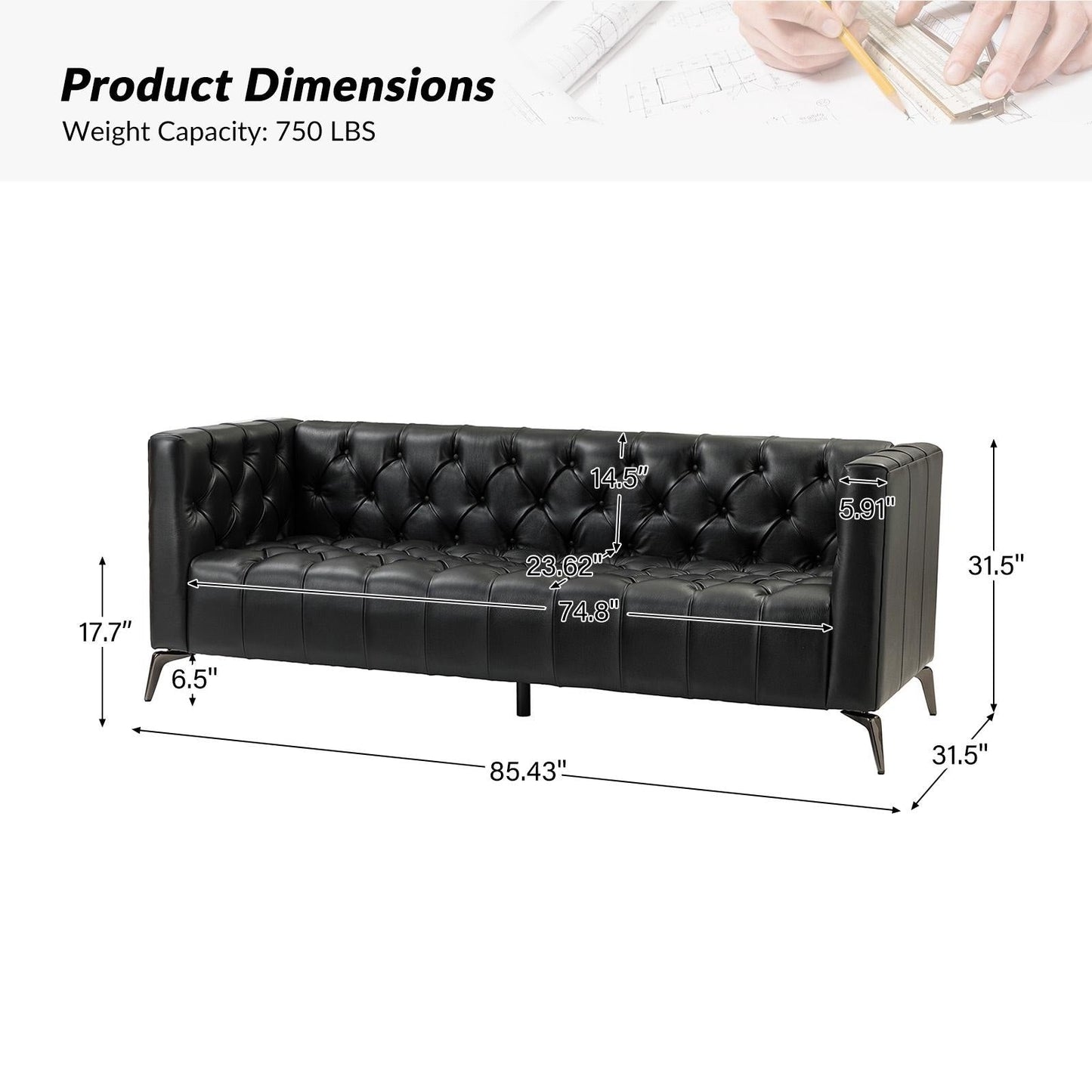 Canapé transitionnel Nestor en cuir véritable avec pieds en métal et dossier capitonné