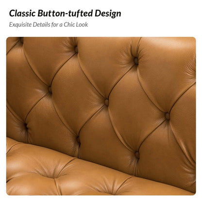 Canapé transitionnel Nestor en cuir véritable avec pieds en métal et dossier capitonné