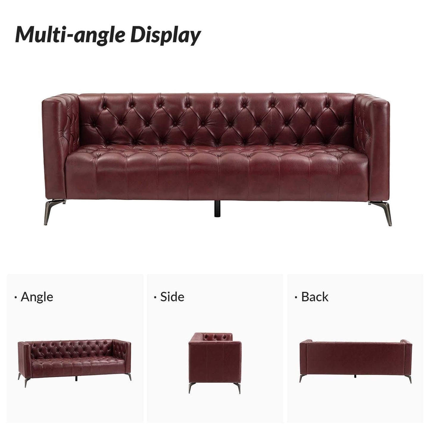 Canapé transitionnel Nestor en cuir véritable avec pieds en métal et dossier capitonné