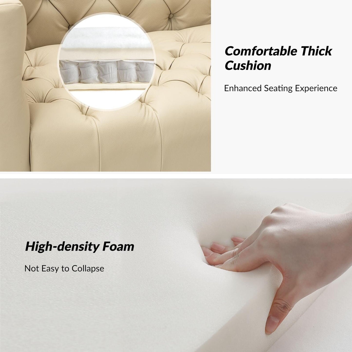 Canapé transitionnel Nestor en cuir véritable avec pieds en métal et dossier capitonné