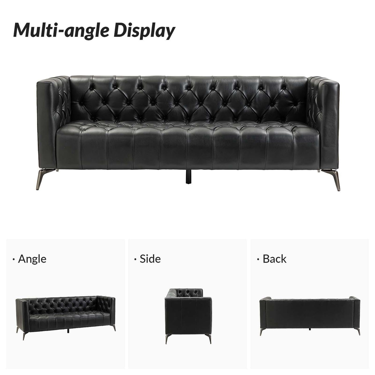 Canapé transitionnel Nestor en cuir véritable avec pieds en métal et dossier capitonné