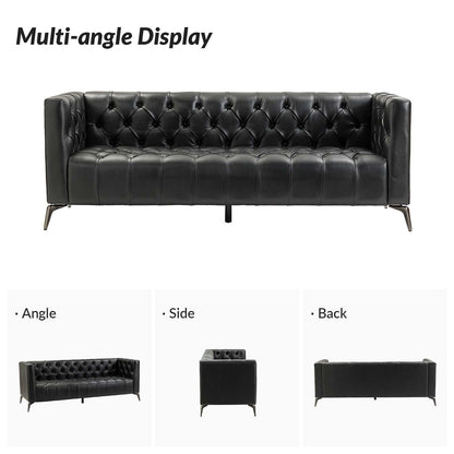 Canapé transitionnel Nestor en cuir véritable avec pieds en métal et dossier capitonné