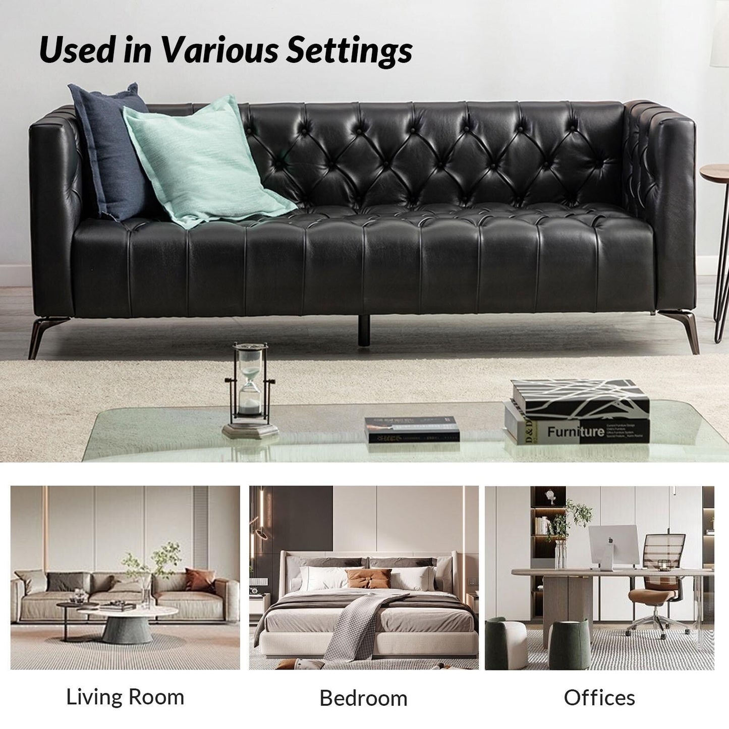 Canapé transitionnel Nestor en cuir véritable avec pieds en métal et dossier capitonné