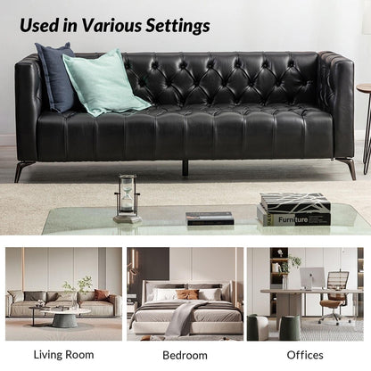 Canapé transitionnel Nestor en cuir véritable avec pieds en métal et dossier capitonné