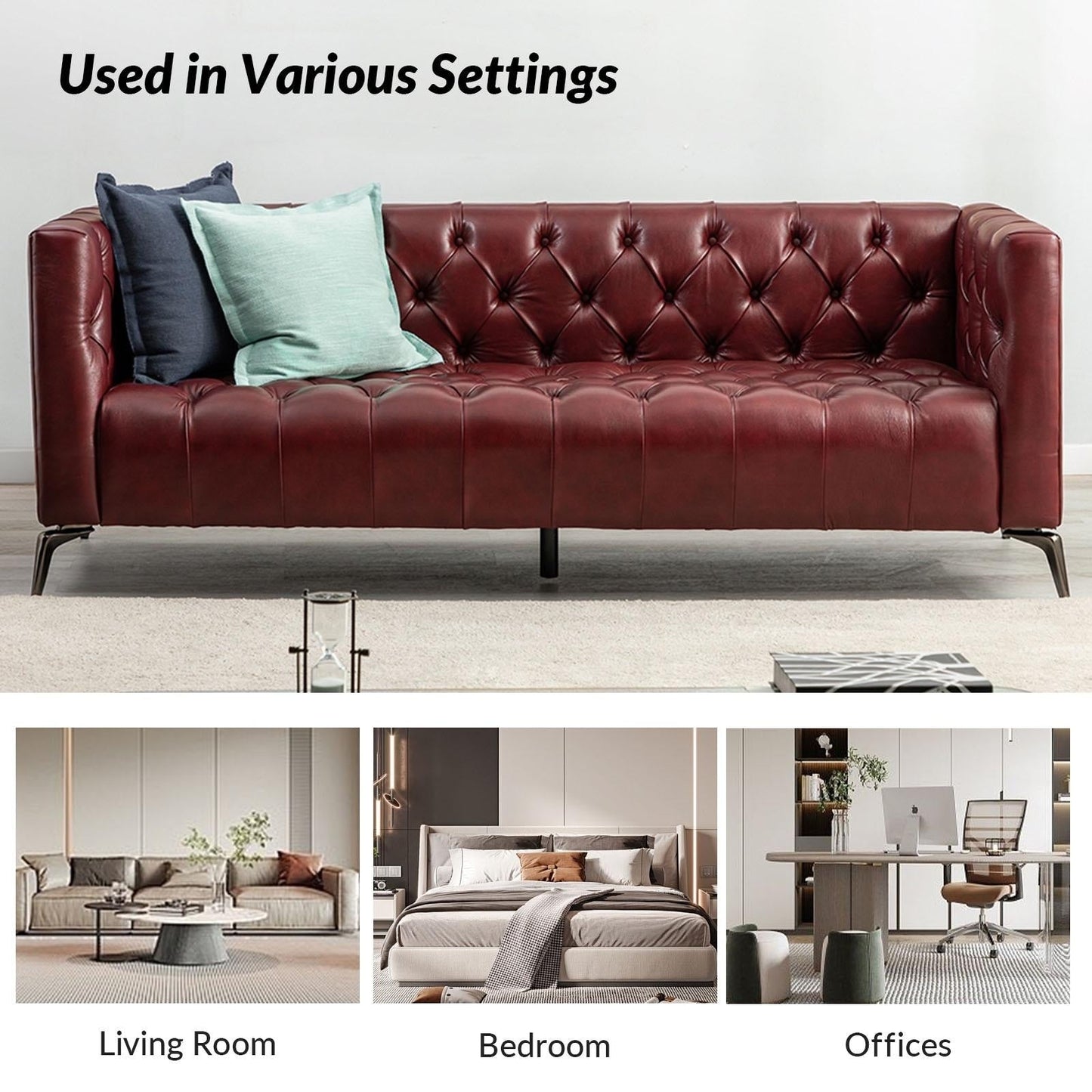 Canapé transitionnel Nestor en cuir véritable avec pieds en métal et dossier capitonné