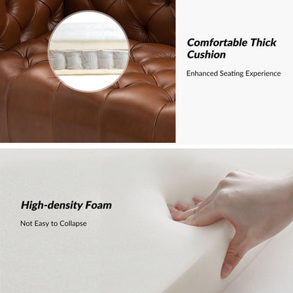 Canapé transitionnel Nestor en cuir véritable avec pieds en métal et dossier capitonné