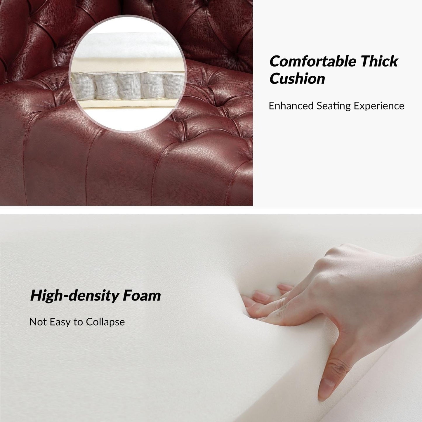 Canapé transitionnel Nestor en cuir véritable avec pieds en métal et dossier capitonné