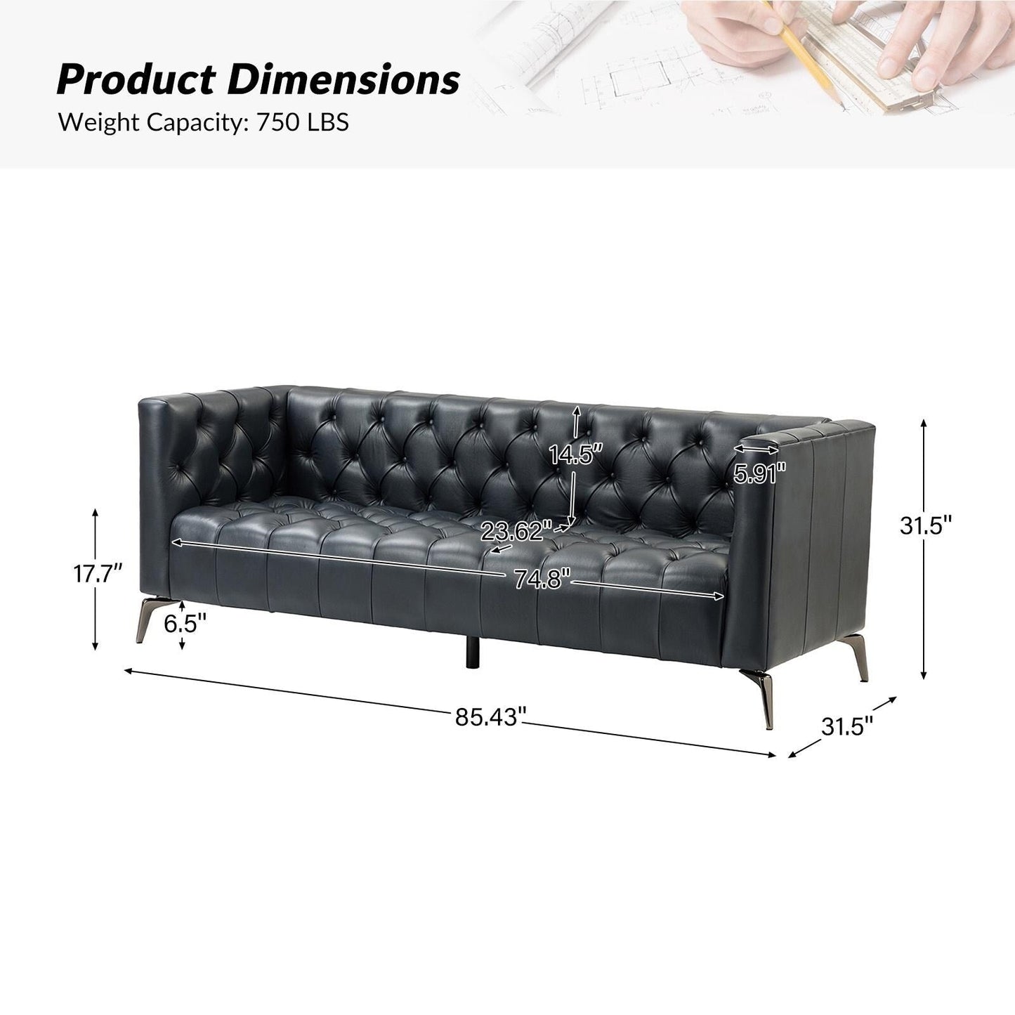 Canapé transitionnel Nestor en cuir véritable avec pieds en métal et dossier capitonné