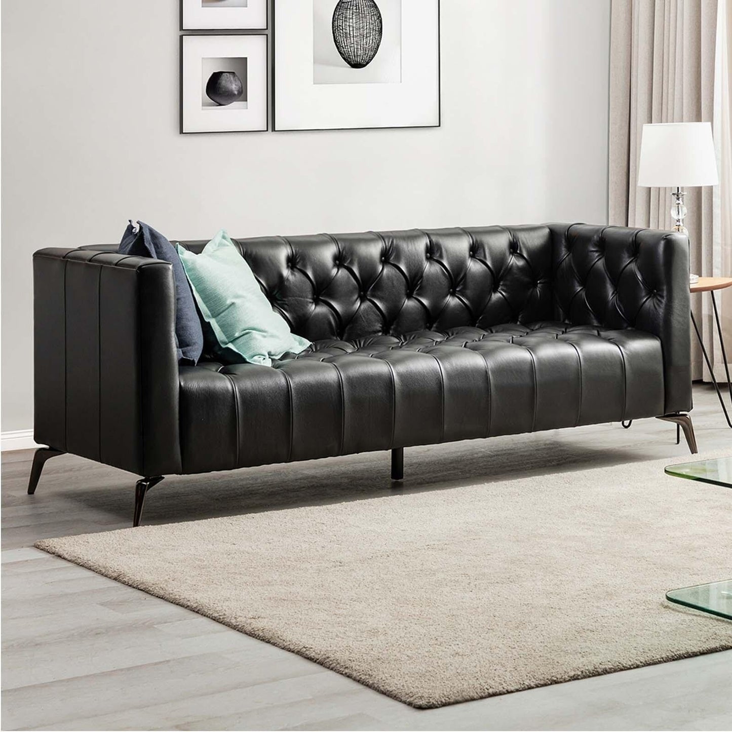 Canapé transitionnel Nestor en cuir véritable avec pieds en métal et dossier capitonné