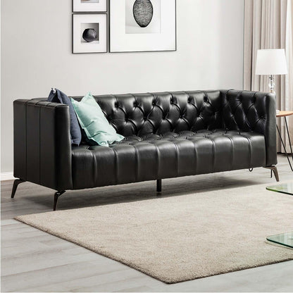 Canapé transitionnel Nestor en cuir véritable avec pieds en métal et dossier capitonné