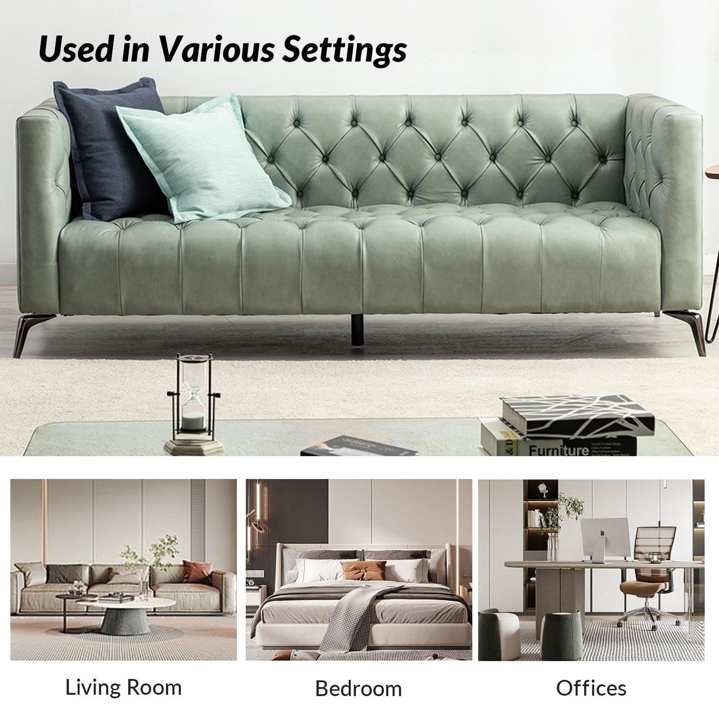 Canapé transitionnel Nestor en cuir véritable avec pieds en métal et dossier capitonné