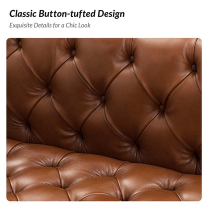 Canapé transitionnel Nestor en cuir véritable avec pieds en métal et dossier capitonné