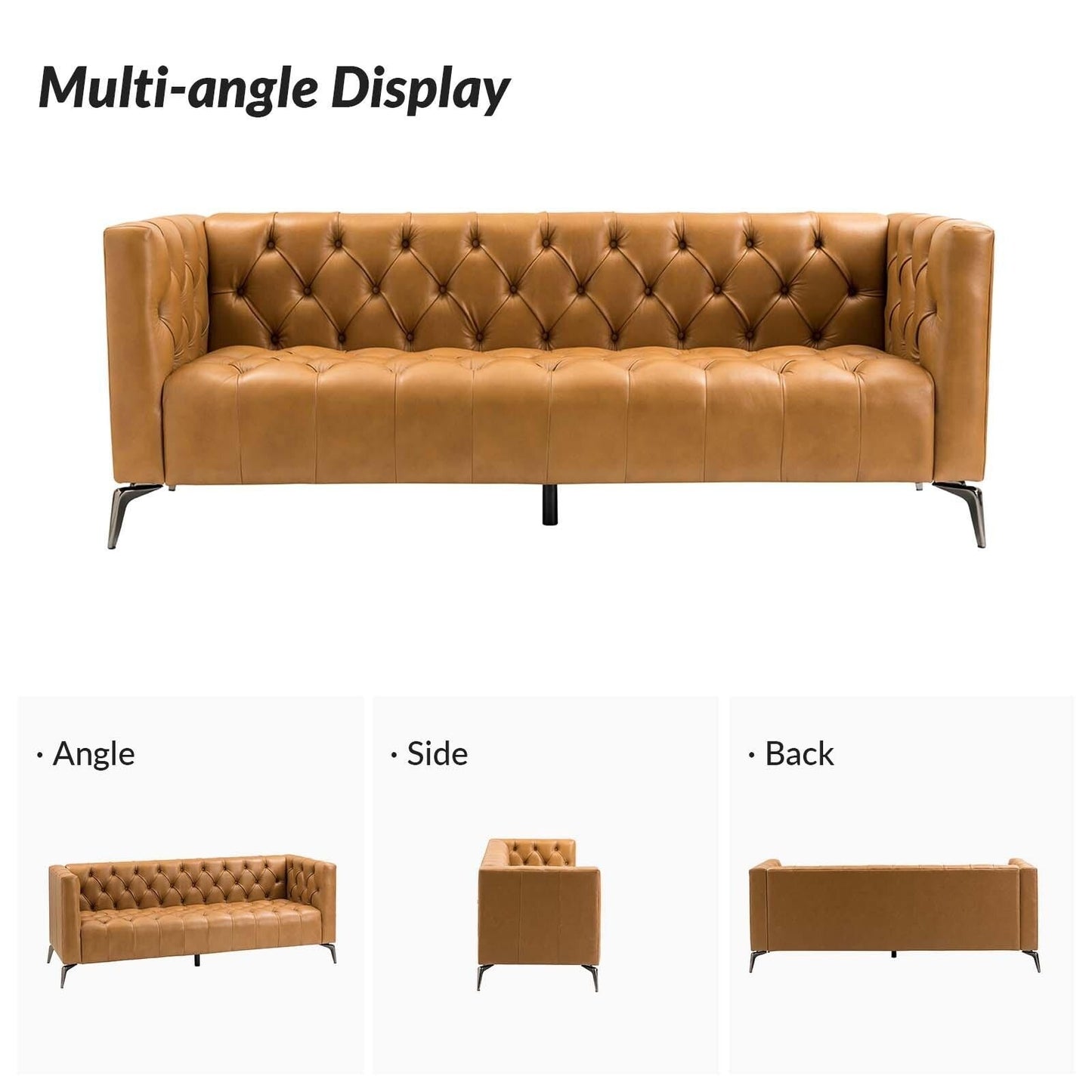 Canapé transitionnel Nestor en cuir véritable avec pieds en métal et dossier capitonné