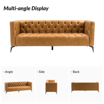 Canapé transitionnel Nestor en cuir véritable avec pieds en métal et dossier capitonné